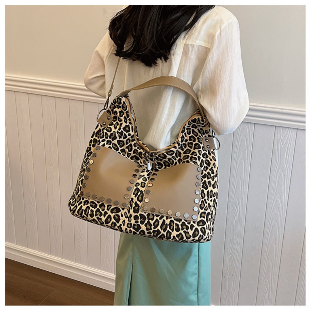 Ladies leopard print large capacity tote bag with crossbody strap