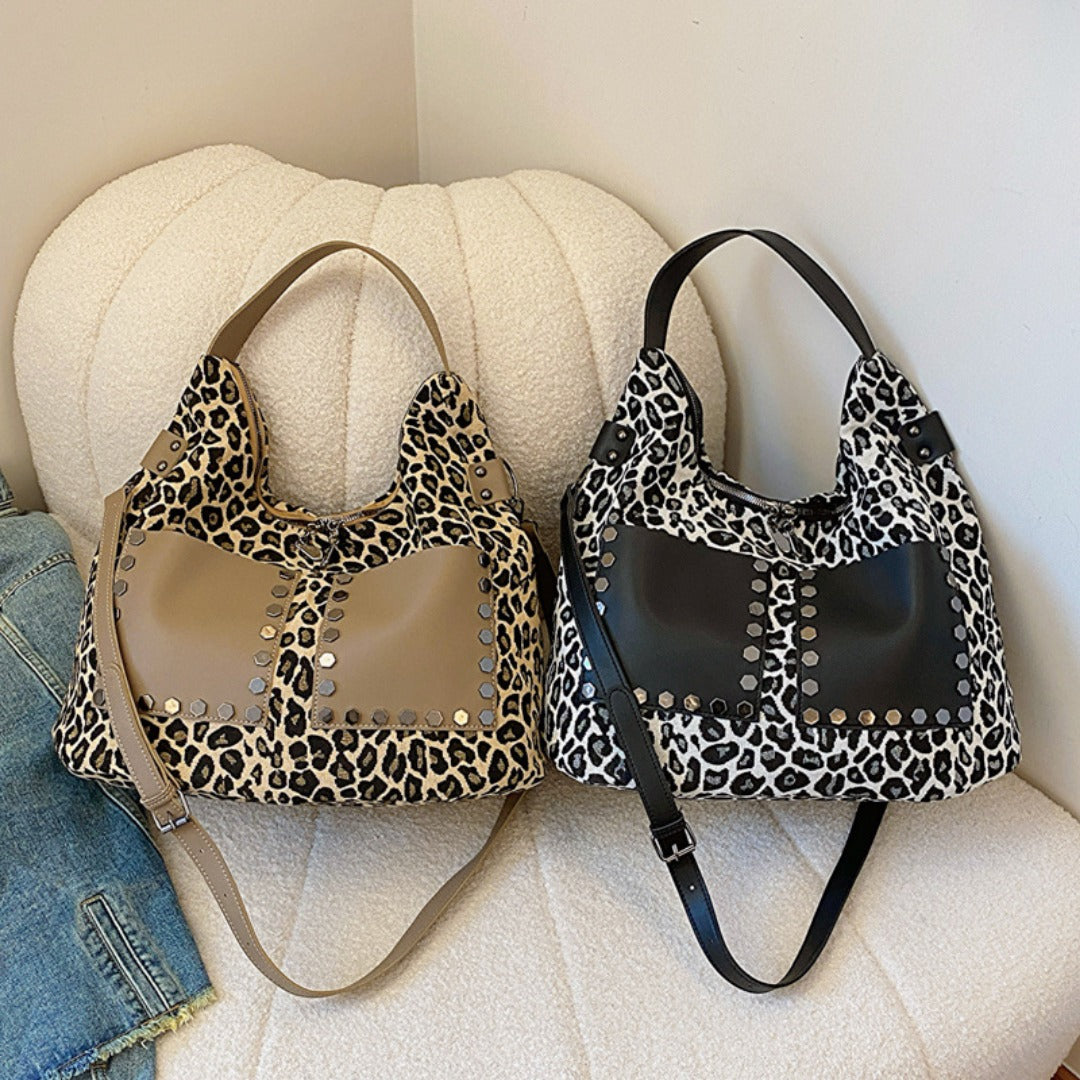 Ladies leopard print large capacity tote bag with crossbody strap