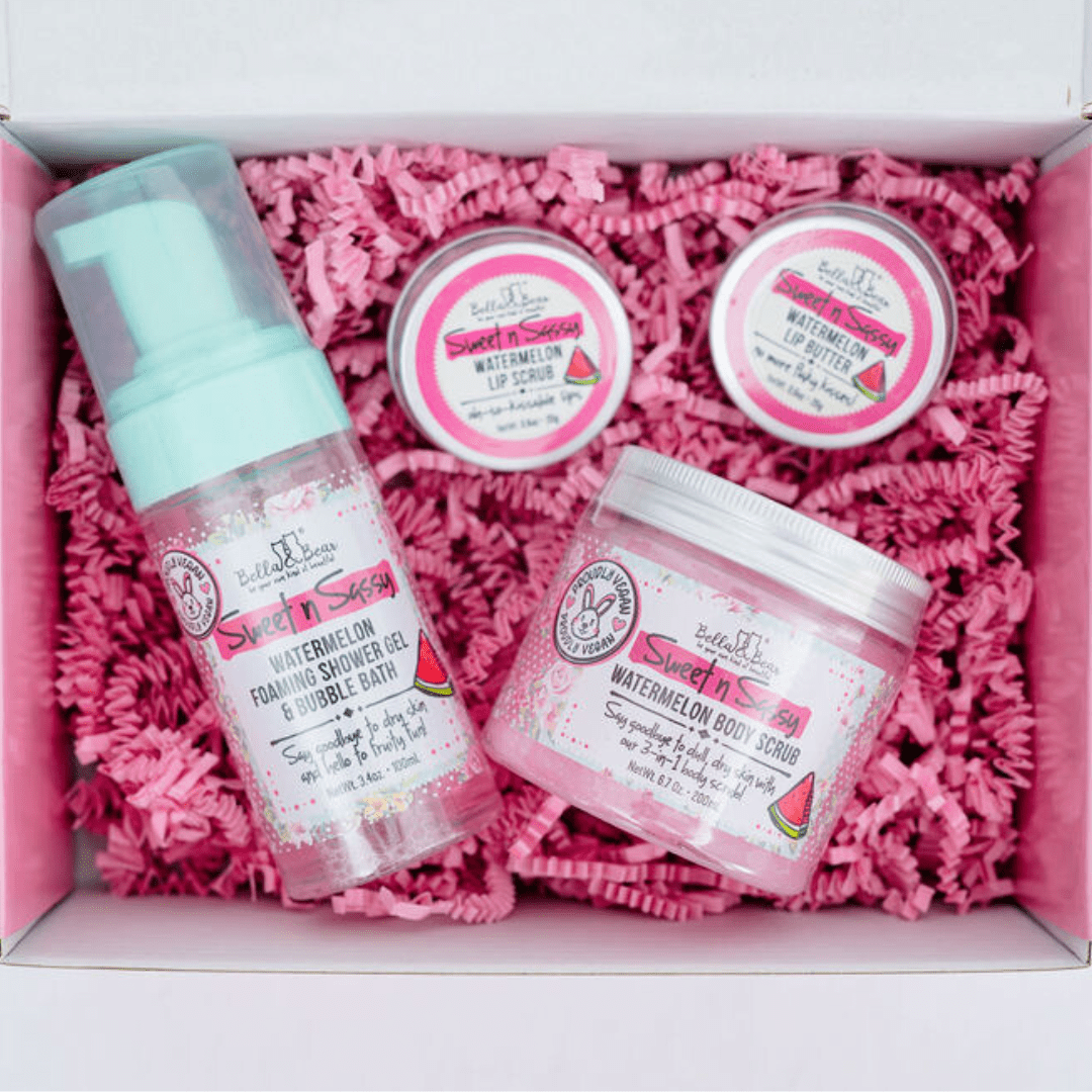 Bella & Bear Sweet 'n' Sassy Watermelon Gift Set Foaming Body Wash & Bubble Bath, Body Scrub, Lip Butter & Lip Scrub