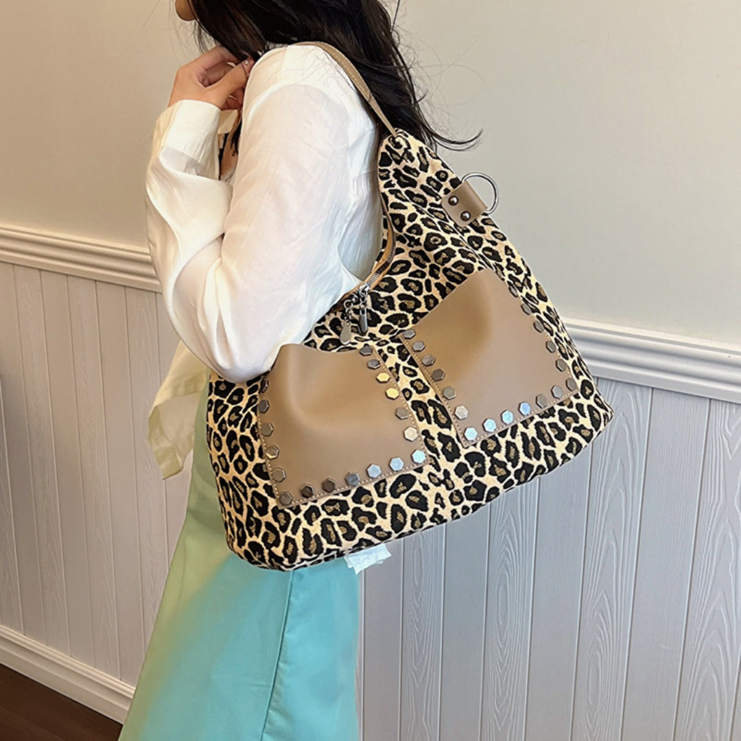 Ladies leopard print large capacity tote bag with crossbody strap