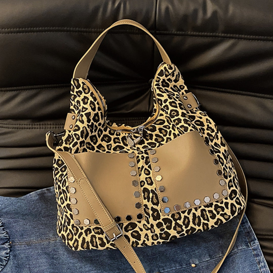Ladies leopard print large capacity tote bag with crossbody strap
