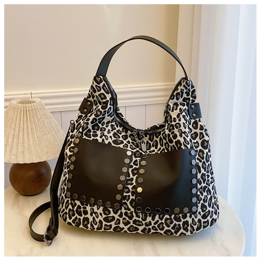 Ladies leopard print large capacity tote bag with crossbody strap
