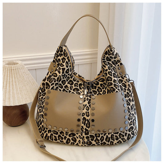 Ladies leopard print large capacity tote bag with crossbody strap