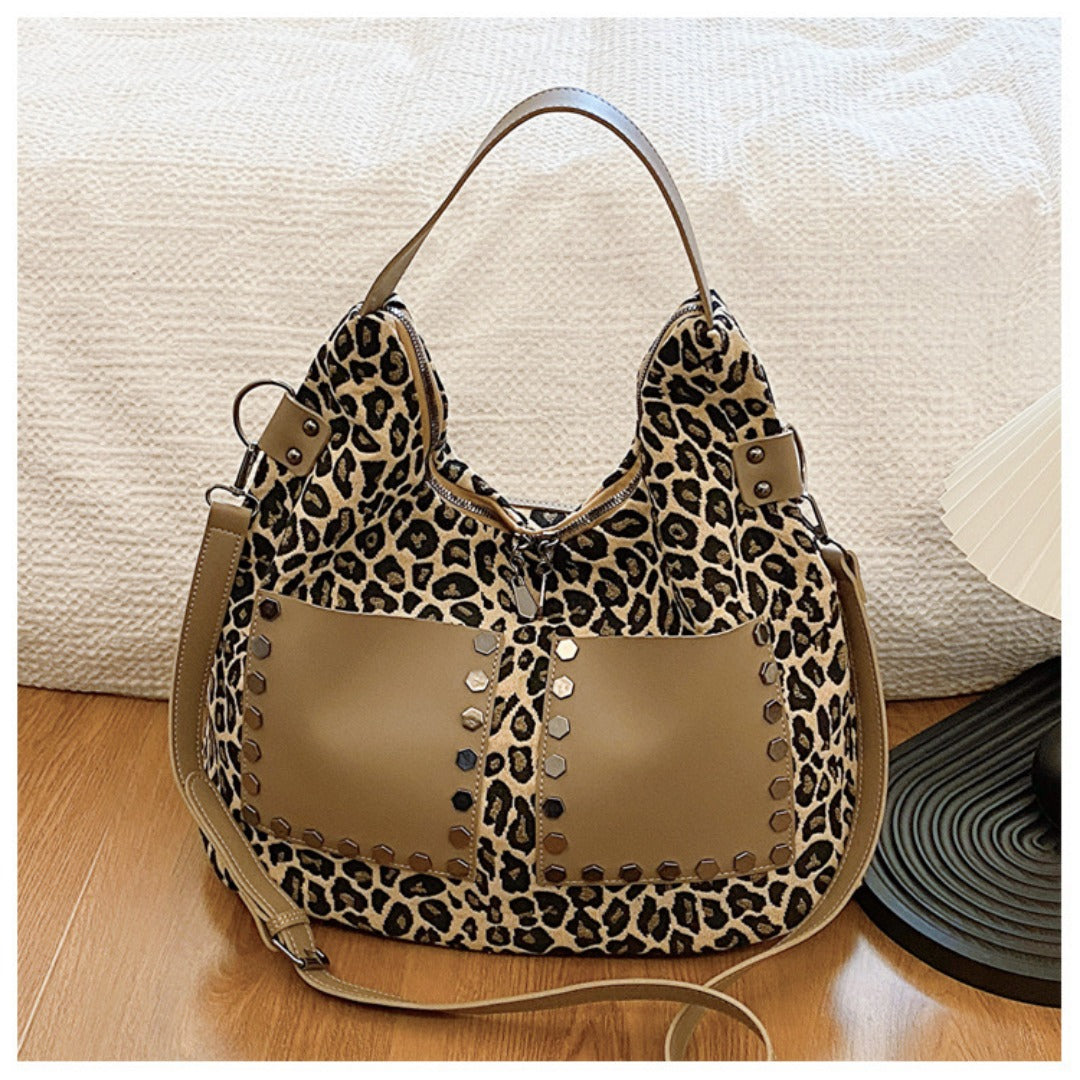 Ladies leopard print large capacity tote bag with crossbody strap