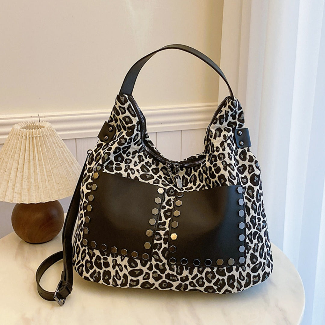 Ladies leopard print large capacity tote bag with crossbody strap
