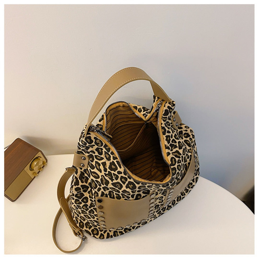 Ladies leopard print large capacity tote bag with crossbody strap