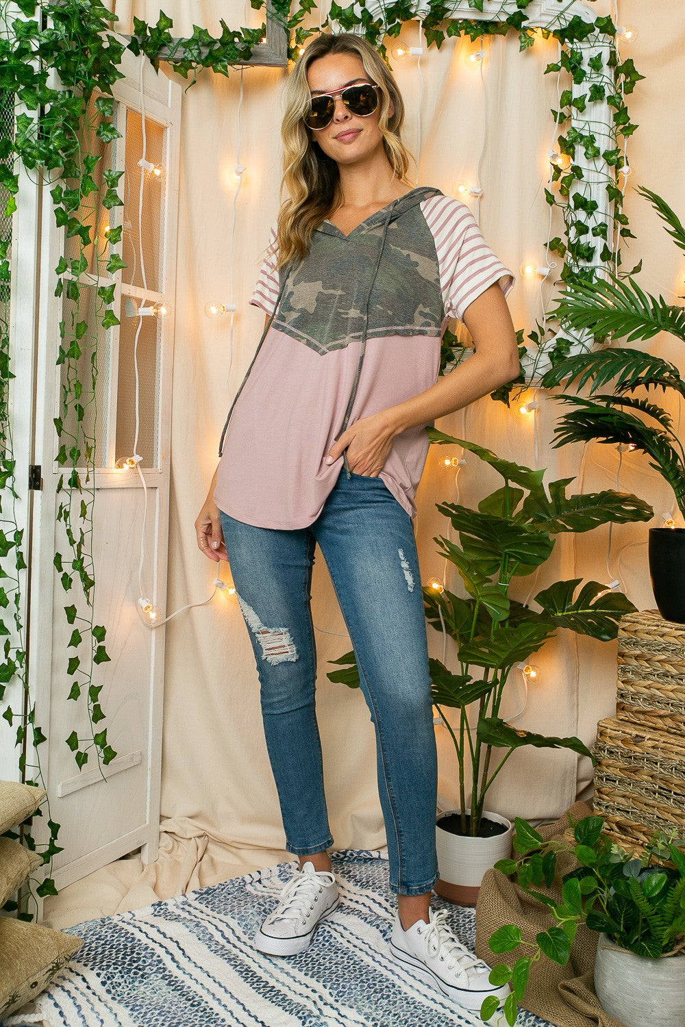 Camo Solid Stripe Hoodie Top  **SALE**
