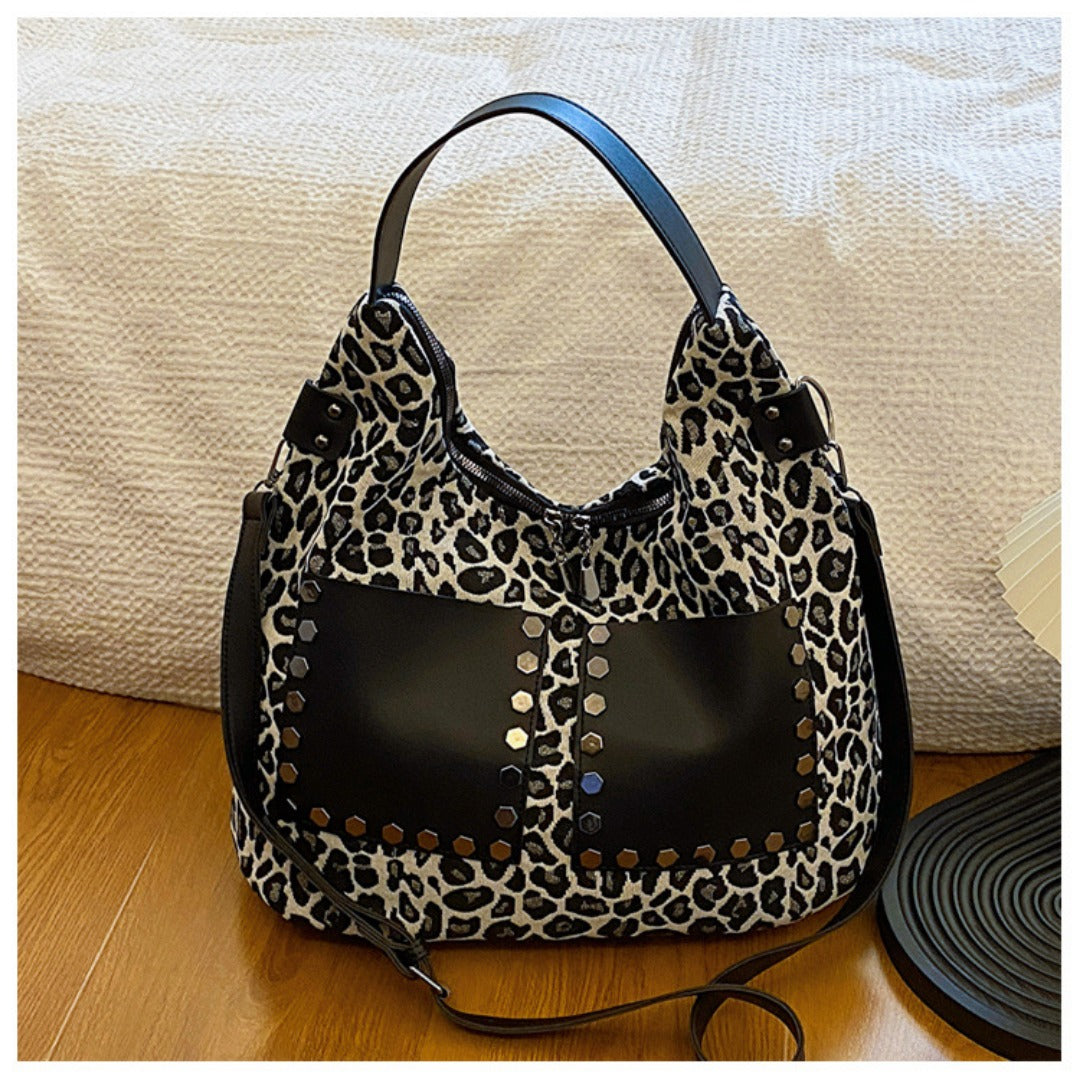 Ladies leopard print large capacity tote bag with crossbody strap
