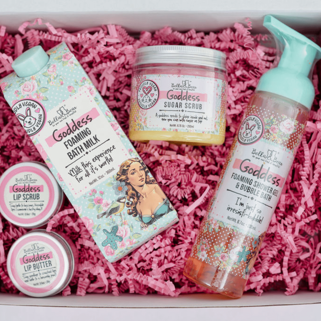 Bella & Bear Goddess Gift Set with 2 in 1 Foaming Shower Gel & Bubble Bath, Foaming Bath Milk, Body Scrub & Lip Care Set – Tropical Scent