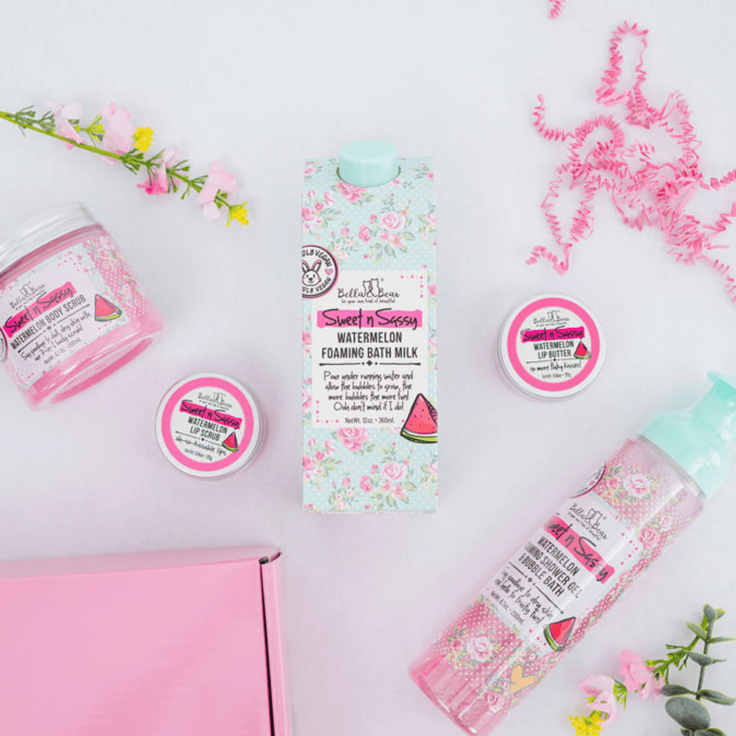 Bella and Bear Sweet n' Sassy Watermelon Gift Set with Foaming Shower Gel & Bubble Bath, Foaming Bath Milk, Body Scrub, Lip Butter & Lip Scrub