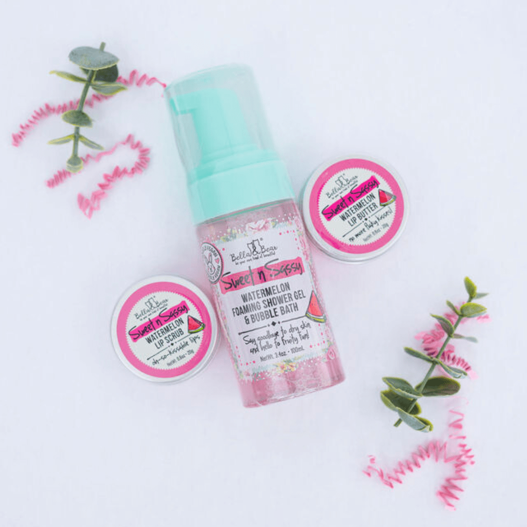 Bella & Bear Sweet 'n' Sassy Watermelon Gift Set Foaming Body Wash & Bubble Bath, Body Scrub, Lip Butter & Lip Scrub