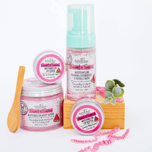 Bella & Bear Sweet 'n' Sassy Watermelon Gift Set Foaming Body Wash & Bubble Bath, Body Scrub, Lip Butter & Lip Scrub